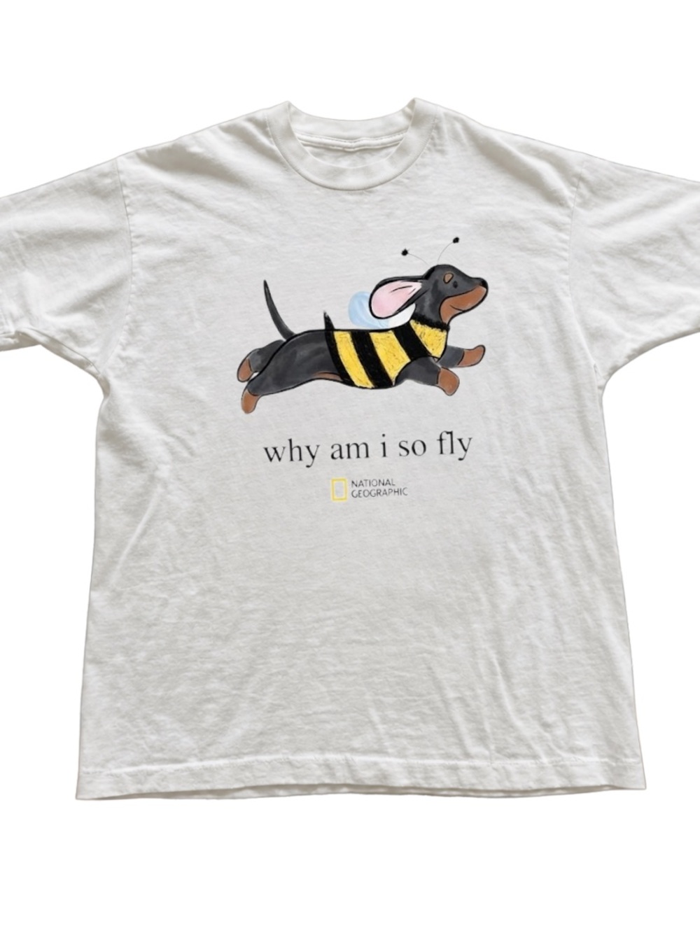 White Short Sleeve Tee with Dachshund Bee Graphic